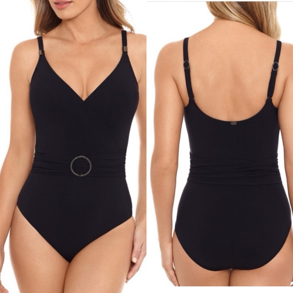 NWOT AMORESSA Oli Slick Getty One Piece Black Swimsuit Size 8 - Picture 1 of 8